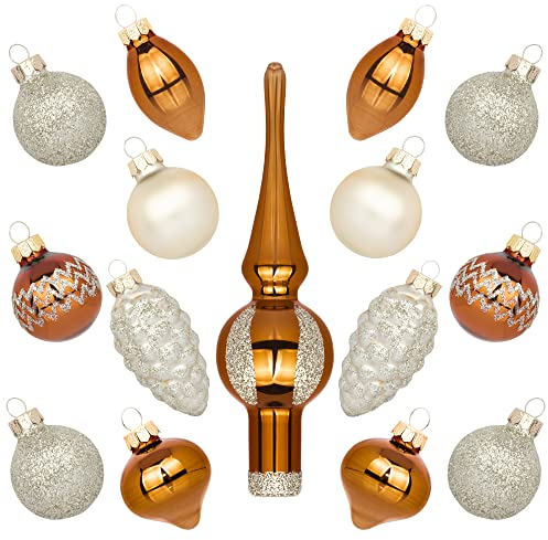 Mini Glas Baum Full Set mit Kugeln, Tree Top, Tannenzapfen, und Krone Drops Set von 15 Für Tischplatte Bäume Hochzeit Mittelpunkt Zweige Bronze Charm