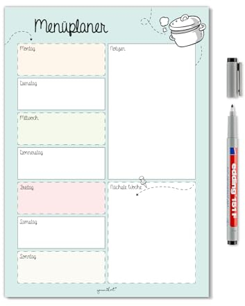 Menüplaner in DIN A4 I Whiteboard Essensplaner für die ganze Woche I abwischbar I türkis I mit magnetischer Rückseite I dv_524