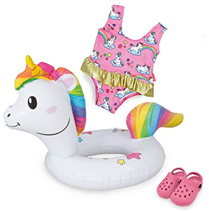 Heless 66 - Set de natación para muñecas, 3 piezas, motivo unicornio Henri, traje de baño, zuecos y anillo de natación, talla 35 - 45 cm, para divertirse nadando en los calurosos días de verano