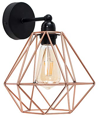MiniSun | Industrial Steampunk Satin Black Pipework Single Wall Light with a Copper Metal Cage Light Shade | Outdoor Lights, Home Décor Essential | Includes Bulb [2700K Warm White] | Mains Wired