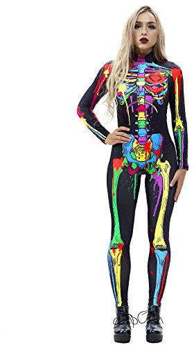 JJEUWE Costume d'Halloween squelette pour femmes – costume extensible moulant pour femmes – combinaison-pantalon, multicolore, taille M