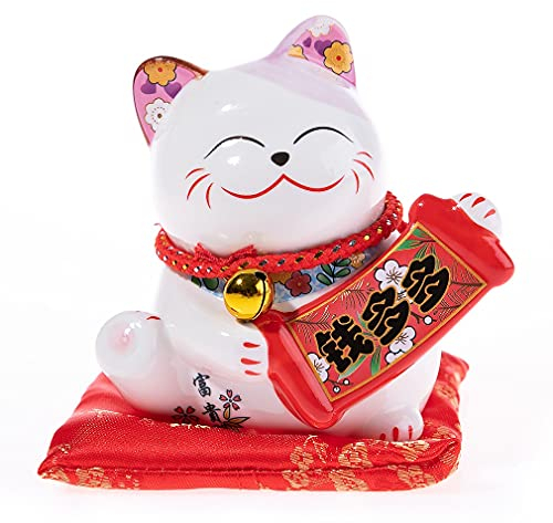 lachineuse - Statuette Chat Japonais Kawaii - Tirelire Maneki Neko - Porte Bonheur Japonais - Objet Déco en Porcelaine - 11,5x10x8 cm - Coloris Blanc - Idée Cadeau Japon Asie