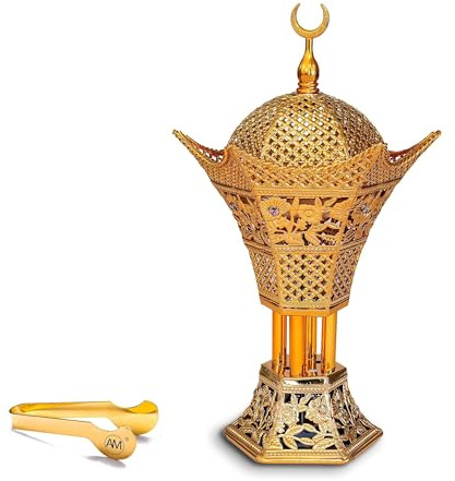 AM Crescent Bakhoor Burner Gold — Metal Charcoal Oud Burner with Tongs | Filigree Mabkhara for Bakhoor & Frankincense | Gold Arabic Decor & Eid Gift