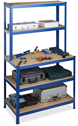 relaxdays Scaffale in Metallo, Banco da Lavoro, Capacità fino a 900 kg, 5 Ripiani, Incastro 180x100x60, Acciaio,MDF, blu
