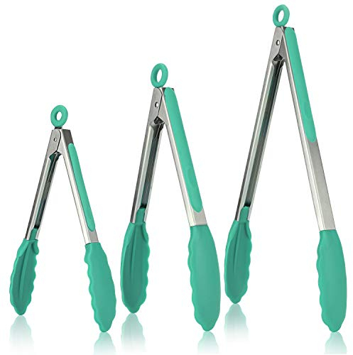 U-Taste Set di 3 Pinze Cucina, Pinze da Cucina in Acciaio Inossidabile 18cm, 23cm e 30cm con Spazzole in Silicone Antiaderente e Resistente al Calore 250°C per Uso Alimentare.(Verde Acqua)