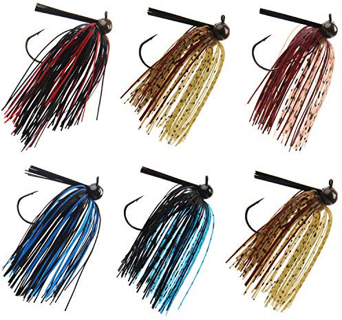 SILANON Bass Football Jigs Set-6pcs Weedless Jig Head Silicone Skirts Weedguard System Fishing Lure Kit for Bass Fishing 1/4oz,3/8oz