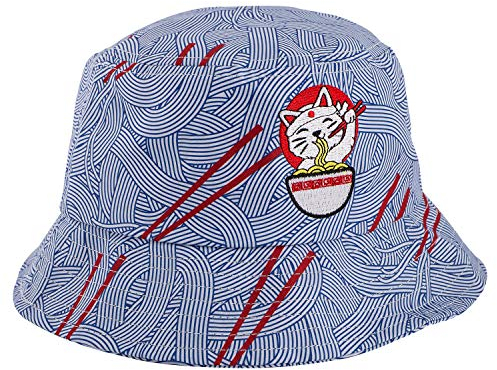 Blackskies® Ramen Bucket Hat Unisex Sonnenhut Fischerhut Blau Nudeln Katze Japan