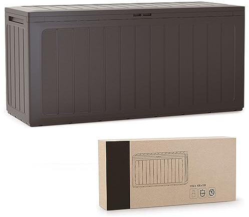 vounot Coffre de Rangement Jardin XL 280 litres 116 x 44 x 55 CM avec Poignées Coffre à Coussins en Polypropylène Style Bois Malle de Rangement Extérieur Résistante Fabriqué en Europe Marron