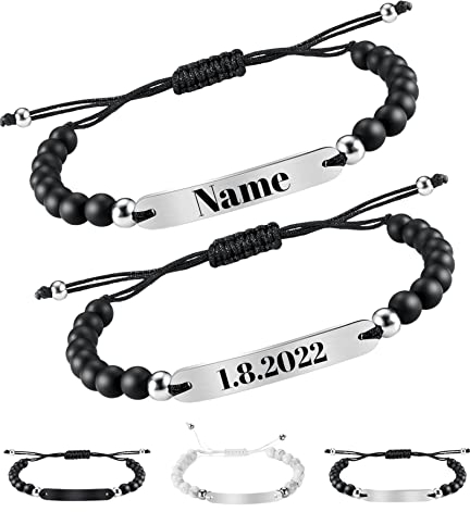 2x Personalisierte Partnerarmbänder mit Gravur | Hochwertiges Pärchenarmband mit Edelstahl Platte | Persönliche Namensgravur | Ideal als Armband für Paare oder Freundschaftsarmband Onyx (Gold)