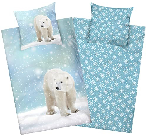Aminata kids Biber Bettwäsche 135x200 Eisbär Flanell Baumwolle mit Reißverschluss - Kinder & Erwachsene - weiß blau - Tier-Motiv - Schneeflocken - Eisbärbettwäsche Winter-Tiere