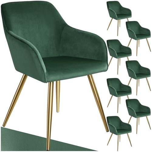 tectake® Esszimmerstühle mit Armlehne, Stuhl, Samt Polster Stühle, Möbel für Esstisch, Schminktisch, Wohnzimmer, Esszimmer, Arbeitszimmer, ergonomischer Dining Chair - dunkelgrün/Gold, 8er Set