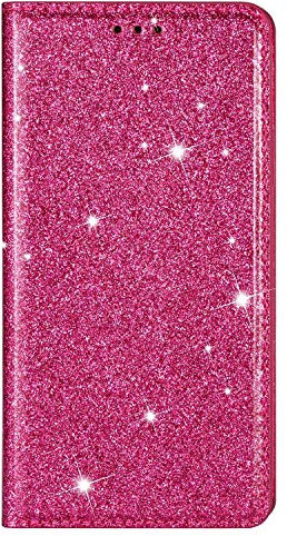 Unichthy iPhone 12 Mini Case All Glitter Flip Case for Women Solid Sparkly PU Leather Bling Wallet Phone Cover Card Slots Stand Magnetic Closure Shockproof Shell for iPhone 12 Mini Deep Pink