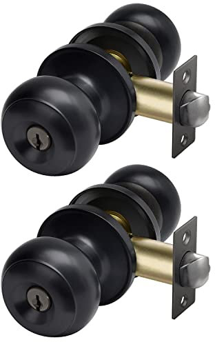 CML Hardware (2 Pack Entry Door Knob with Lock and Key, Keyed Different, Exterior Door Lock Sets for Front/Back Door, Round Ball Handle, Matte Black