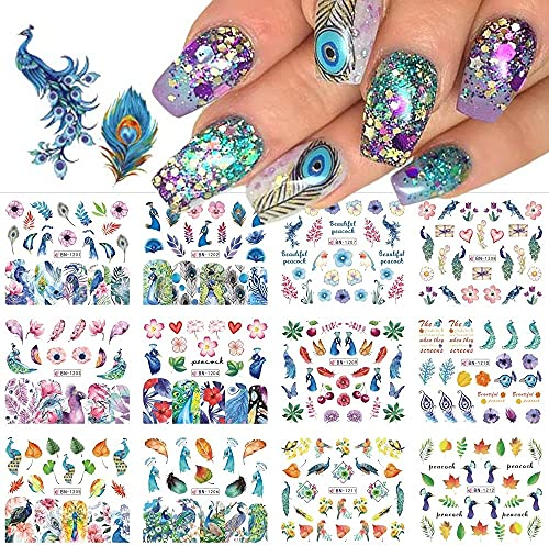 Changar Nagelkunst-Aufkleber, Pfauenfeder, Nagelaufkleber, Blumen-Blatt, Gras, Wasser, Nagelaufkleber, 12 B枚gen, Pfauenfeder, DIY-Naekorationen, Manik眉re-Tipps f眉r Damen, M盲dchen, Kinder
