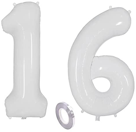 Weiß Luftballons Zahl 16. Geburtstag deko Mädchen Junge,Zahlen Ballon 16 Geburtstag deko, 40 Zoll Heliumballon 16 jahre Geburtstagsdeko Mädchen Junge Aufblasbar Helium Folienballon 16 Weiß（16）