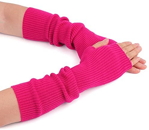 F Flammi Kaschmir-Mischung Armwärmer Winter Fingerlose Handschuhe Strick Fäustlinge Handschuhe Handgelenkwärmer mit Daumenloch für Frauen, Hot Pink (42 cm), 38