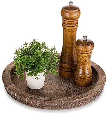 Hanobe Bandeja rústica de madera para servir: bandeja decorativa redonda de madera para centro de mesa vintage, bandeja otomana para decoración de encimera, accesorios de decoración del hogar para