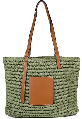 styleBREAKER Korbflecht Schultertasche aus Papierstroh mit Kunstleder Details | Damen Shopper Basttasche geflochten mit Reißverschluss | Strandtasche 43 x 34 x 4 cm, Farbe:Oliv