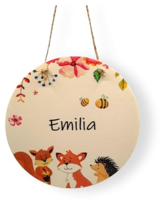 Faramosa Namensschild Kinderzimmer Waldtiere Biene Fuchs und Igel Holz Schild mit Name Türschild Personalisiert Kinder