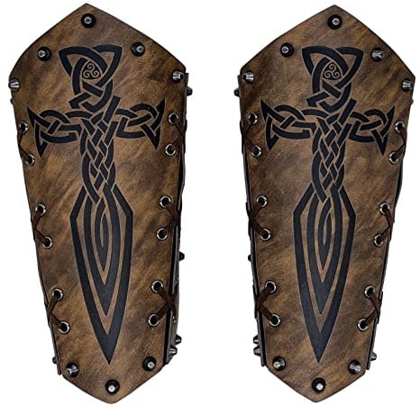 2 Stück Armschutz bogenschießen leder, Schwert geprägte Lederarmschienen, verstellbare Punk-Handgelenkschützer, mittelalterliche Armschienen für Männer LARP Cosplay (Braun)