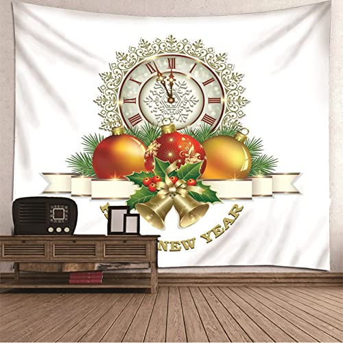 KnSam Wandbehang 150x130cm, Weihnachtsmotiv Uhr Happy New Year Muster Tapisserie Tagesdecke aus Polyester für Raumdekoration, Wanddekorationskunst, Weiß