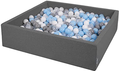 KiddyMoon Piscina De Bolas 120X30cm/200 Bolas El Cuadrado Grande para Ninos,Hecha En La UE, Gris Oscuro: Gris/Blanco/Transparente/Azul Claro