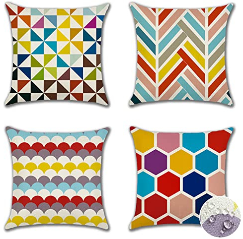 Ohok Wasserdicht Kissenbezug 45x45 cm, 4er Set Dekorativ Outdoor Kissenhülle Deko Sofakissen Couchkissen Zierkissenbezüge für Sofa Wohnzimmer Balkon Garten Auto (Bunt Geometrie)