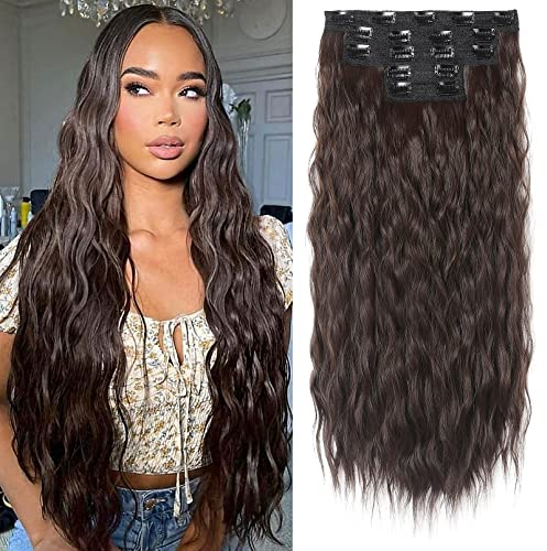 Clip in Hair Extensions, REECHO 5PCS Brown Hair Extensions 24 Thick Long Loose Waves hair extensions HE002 Invisible Lace Weft Natural Soft Hairpieces for Women – Dark Brown