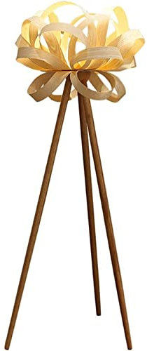 OLOTU Pole Lamp Modern LED Standing Lamp Tripod Floor Lamps with Oak Wood Tripod Legs Hand-Woven Lampshade Storage Lamp for Bedroom Minimalist