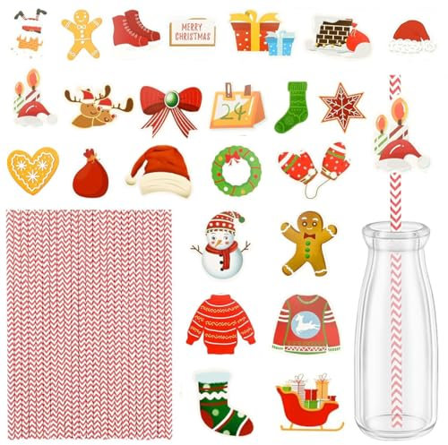 Bekecidi 48 PCS Christmas Straws, Decorative Drinking Straws Christmas Paper Straws Snowman Gingerbread Man Santa Hat Cocktail Straws Christmas Party Decoration Straw for Xmas Party Favors Supplies