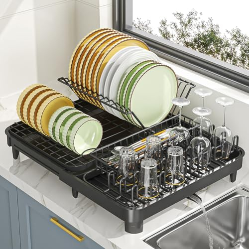YunNasi Escurridor de Platos Extensible (32-52.5 cm) Acero Inoxidable Negro Organizador de Cocina con Bandeja Recogegotas y Portacubiertos Secador Ajustable Alta Capacidad