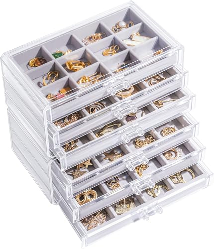 Lolalet Earring Holder Organiser Box Jewelry Storage with 6 Drawers, Clear Acrylic Stackable Earring Case with Adjustable Velvet Trays for Women on Dresser Vanity -Grey, 6 Layers