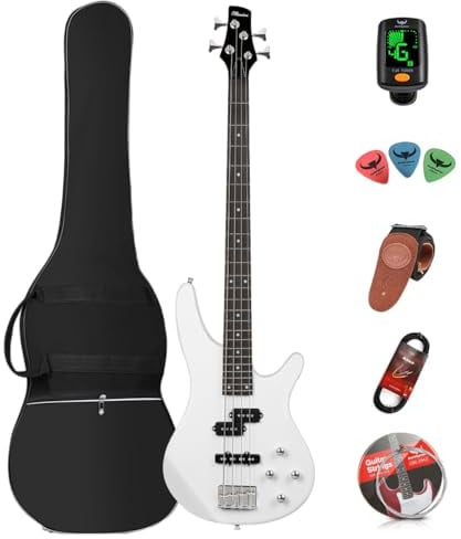 Basso elettrico a 4 corde, full size, P Bass, kit per principianti, nero, con custodia morbida, tracolla per chitarra, plettri e cavo per chitarra (White)