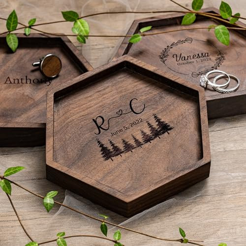 Esseur Plato hexagonal de madera personalizado para boda, plato de anillo de madera grabado para novia, novio, bandeja de exhibición de anillos para decoración del hogar, soporte para anillos para
