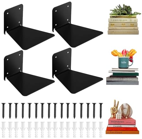 Cnwinu Unsichtbares Bücherregal Metall, Mini Schwebendes Bücherregal, Verdeckt Gebohrten Montierten Bücherregale, Wandregal Hängend Bücher Organizer für Haus Büro Küche, 4 Stück (Schwarz)