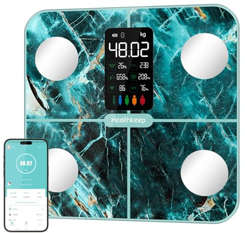 Körperfettwaage Personenwaage, Waage Personen mit Körperfett und Muskelmasse 15 Körperdaten Körperwaage mit Körperfettanalyse, Smart Waage mit APP, Großes Display, irisierend marmorgrün