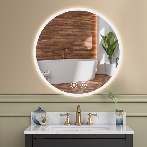 YOLEO Badspiegel rund mit Beleuchtung, LED Spiegel mit Touchschalter, Badezimmerspiegel LED Beschlagfrei, 3 stufenlos einstellbare Lichtfarbe, 50x50cm