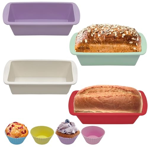 Ymeeaa Mini Loaf Tins 4pack Small Silicone Loaf Tin 16 X 8cm Mini Loaf Cake Cases Non-Stick Rectangle Silicone Cake Moulds for Baking Mini Loaf Pans for Air Fryer Bread Making Accessories