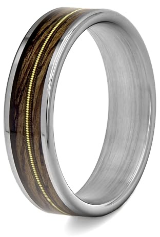 fablano Bague en bois avec corde de guitare - En argent ou noir - Fait main - Pour homme et femme (amateurs de musique et guitaristes) - Cadeau - Acier inoxydable et bois naturel, Bois Acier