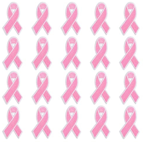 WANDIC 20 Pcs Pink Ribbon Patch, Decorative Patches Iron on Transfer for T-Shirt Jean Pillow Cover DIY Decorations for Breast Cancer Awareness