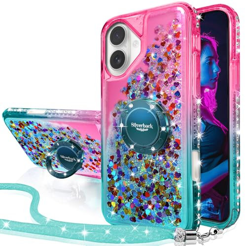 Silverback for iPhone 16 Case, Liquid Holographic Sparkly Glitter Case with Stand and Lanyard, Women Girls Bling Diamond Ring Shockproof Protective Cover for iPhone 16 6.1''- Green