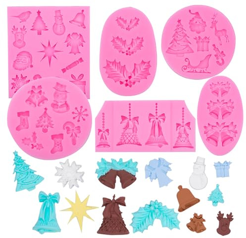 6PCS Silicone Christmas Cake Fondant Mold Sugarcraft Decor Chocolate Mould | Santa Claus, XMAS Tree, Snowflake, Holly Leaves, Jingling Bell Decorating Baking Mould Clay Craft Gum Paste Cupcake Decor
