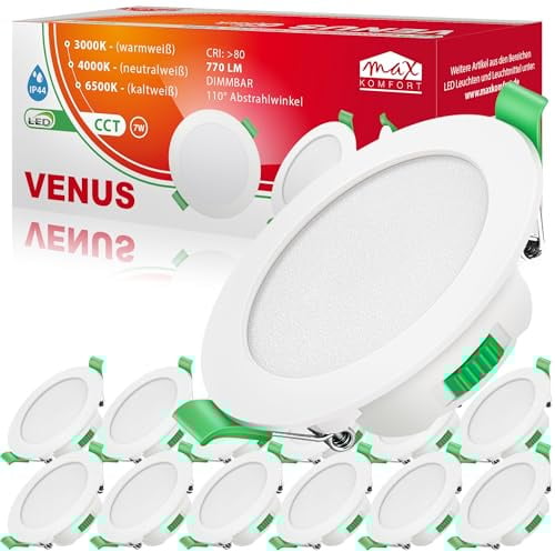 max K O M F O R T LED Einbaustrahler flach 7W Dimmbar Bad weiß VENUS | IP44, 110°, 770 Lumen, 68mm| Warmweiß Neutralweiß Kaltweiß | Einbauspot, Deckenstrahler Deckenspot 12er SET