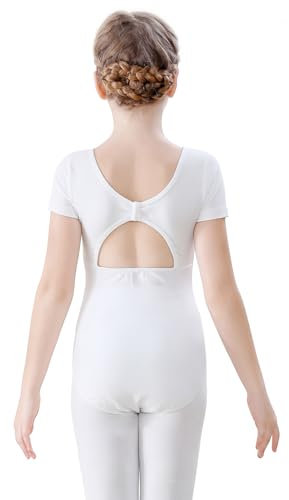 FONLAM Ballettkleidung Turnanzug Mädchen Kurzarm Ballett Trikot Gymnastikanzug Tanzbody Baumwolle Kinder (12-13 Jahre, Weiß)