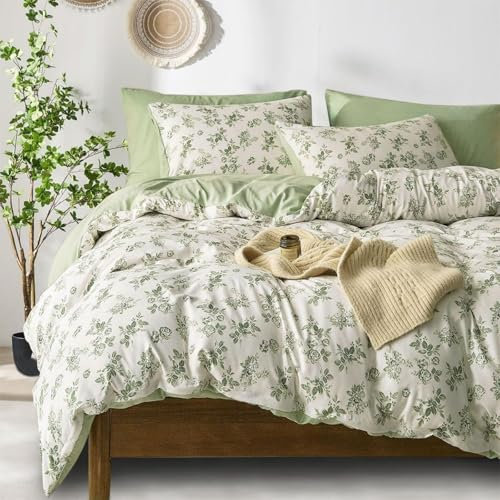 Tospass Blumen Bettwäsche 220x240cm Beige Grün Floral Bettwäsche Set Pflanzen Blätter Mädchen Mikrofaser Wende Bettwäsche 1 Bettbezug mit Reißverschluss 2 Kissenbezug 80x80cm
