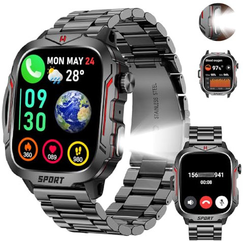 LIVLOV Smartwatch für Herren mit LED-Taschenlampe, 430 mAh Akku, 120 Sportmodi, Herzfrequenz-/Blutdruck-/Schlafüberwachung, 1,96 Touchscreen, kompatibel mit Android und iOS (Schwarzer Bandstahl)