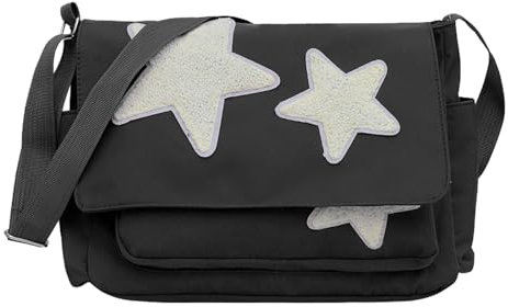 AYNKH Y2K Kuriertasche, Kord, weißer Sternendruck, niedlicher Klappe, Kuriertasche, große Umhängetasche, für Schule, Büro, Arbeit, Reisen, Einkaufen, für Mädchen, Schwarz , One Size