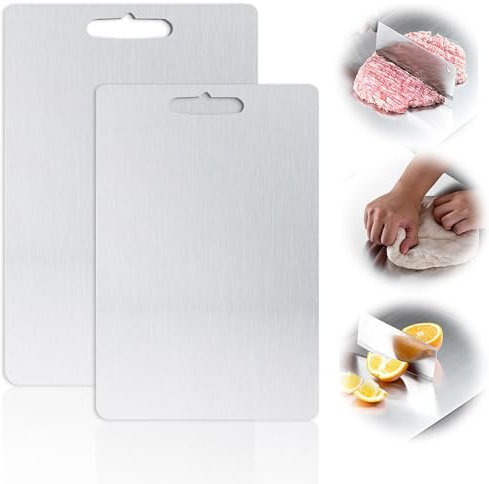PRITOK Titanium Cutting Board: 2 Pieces Stainless Steel Chopping Boards, Double-Sided Food Grade Metal Cutting Board, Durability Cutting Boards for Meat, Vegetables, Fruit (30×20cm+34×23cm)