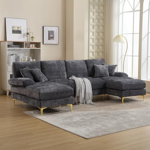 Soweiz Sofá Moderno en Forma de U, 4 plazas - sofá de salón - con reposapiés, sofá Modular, cómodo y Duradero (Chenille, Gris)