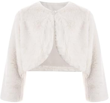 Fldy Mädchen Kunstpelz Bolero Jacke Festliche Warme Blumenmädchen Jäckchen Für Hochzeit Party Abendkleid Weiß 140-152